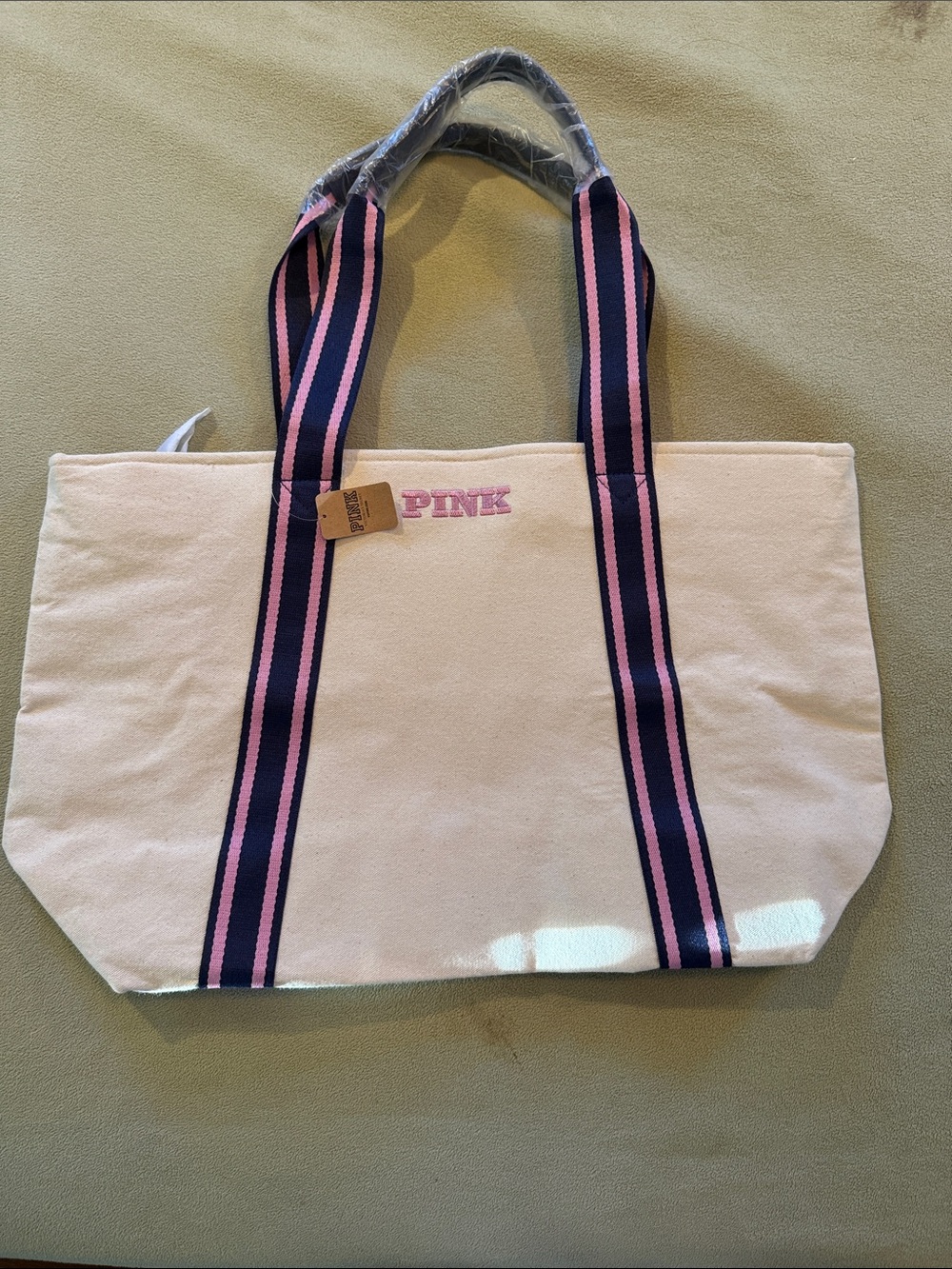 PINK Victoria's Secret Cream Canvas Tote with Pink & Black Straps